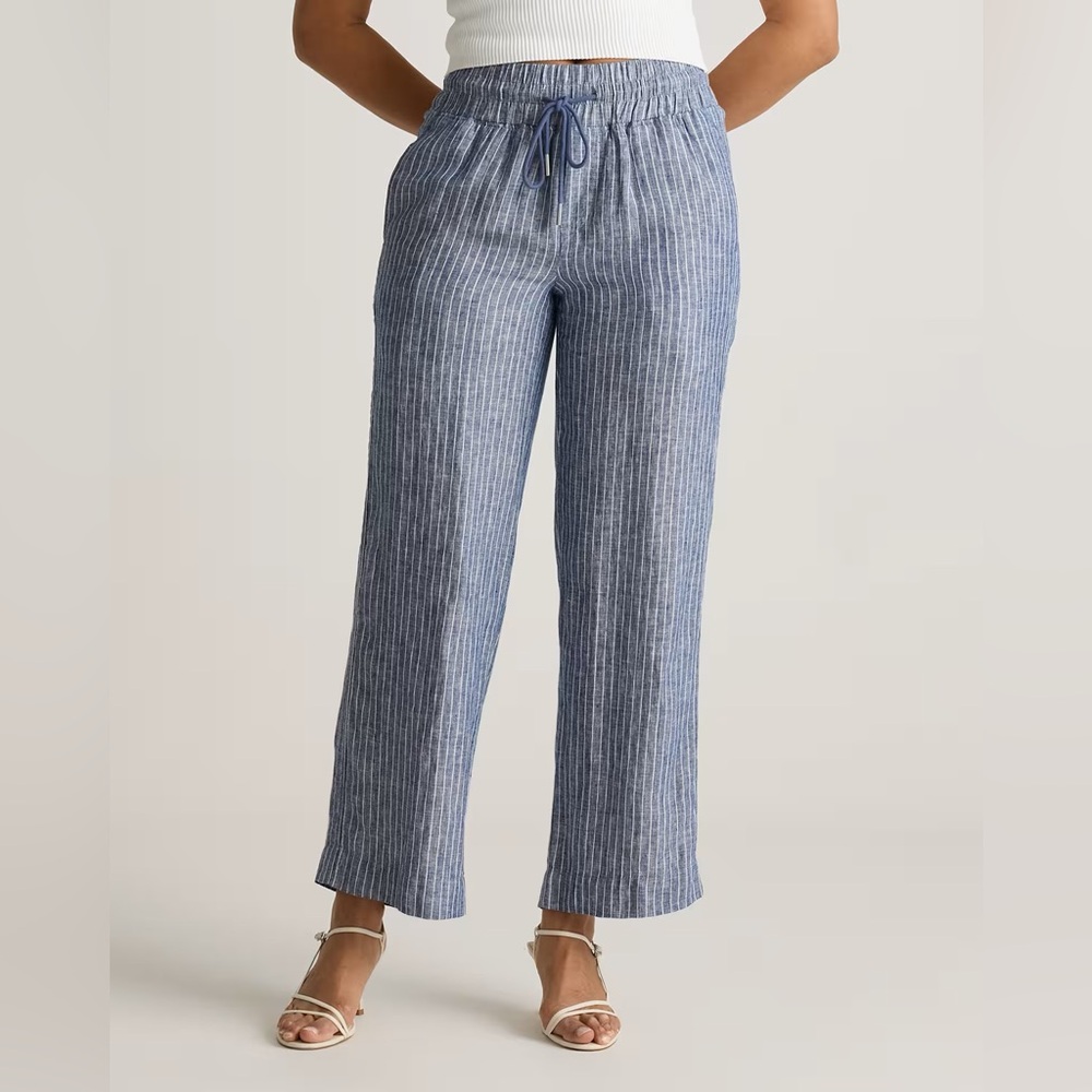 Quince 100% European Linen Wide Leg Pants Chambray Blue Stripe Medium Pull On